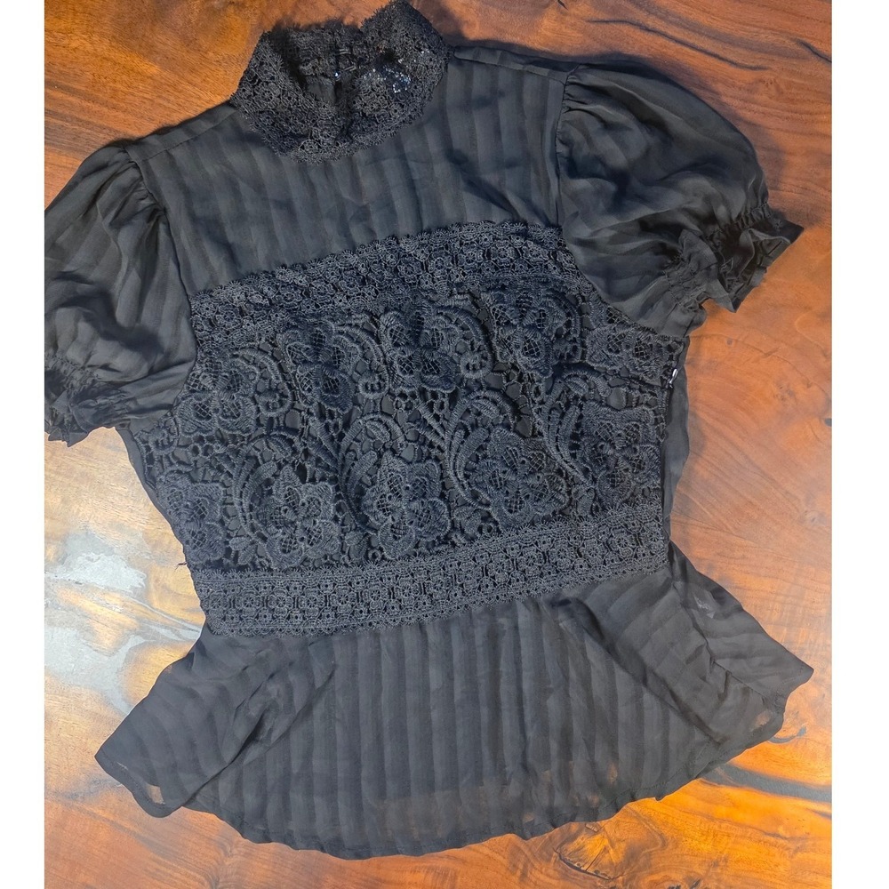 Lace Peplum Blouse High Neck Puff Sleeve Victorian Gothic Anthropologie Vibes